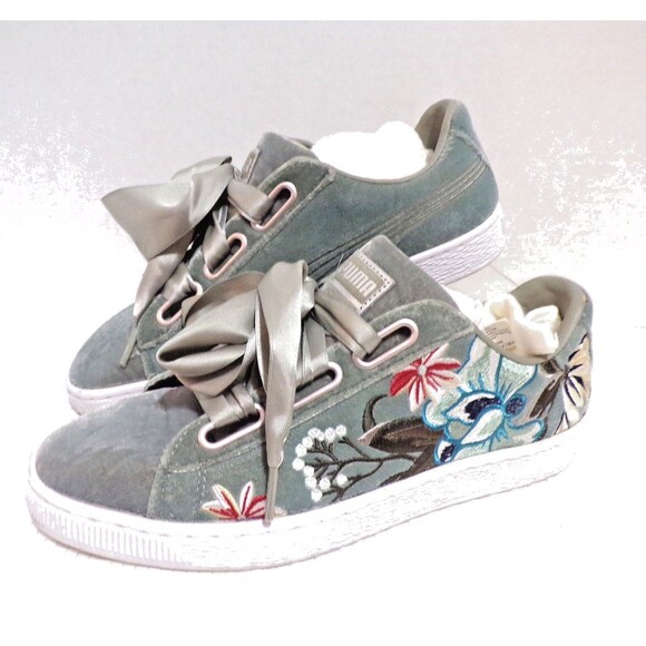 Puma Basket Heart Hyper Embroidery Gray Embroidery w/Flowers Ribbon Lace Sz 8.5 - Picture 2 of 6